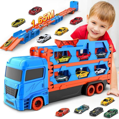 3-in-1 Car Transporter Truck with Racetrack & Toy Cars-1